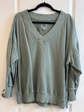 aerie Distressed Oversized V-Neck Sweatshirt in Sage